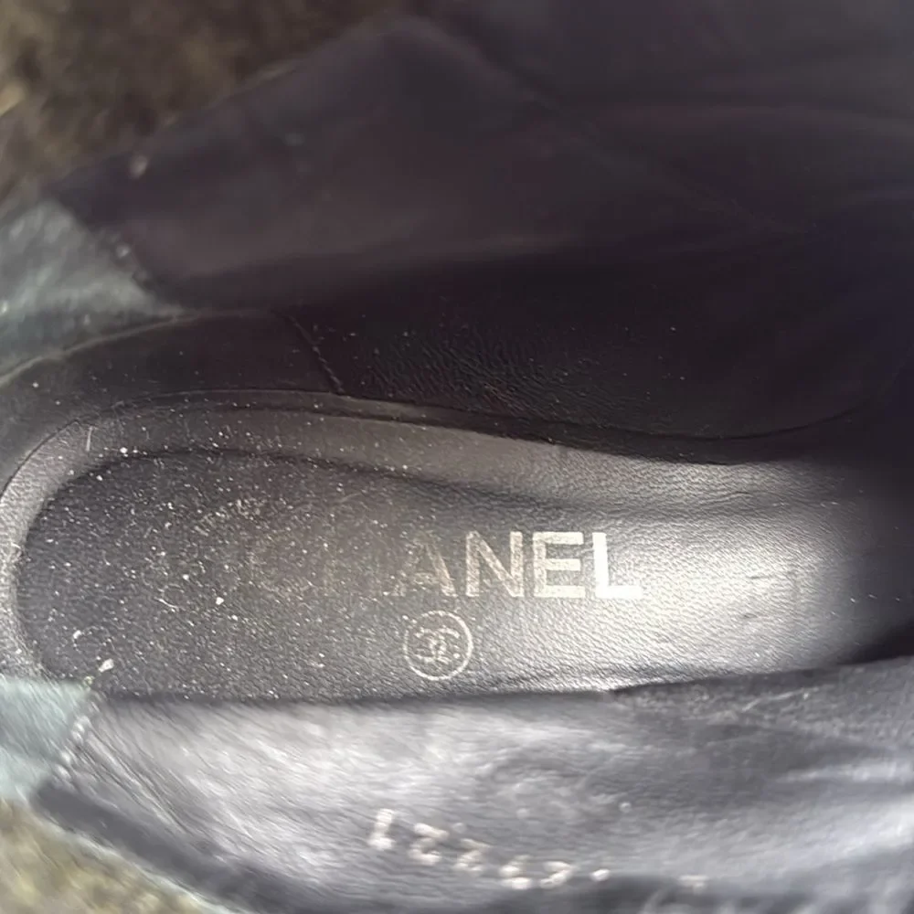 Chanel Women’s Gray Distressed Suede Leather Ankle Boots with CC Logo Buttons.